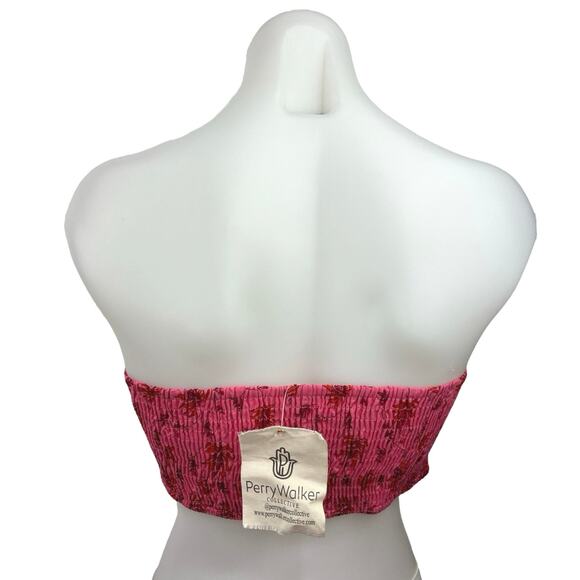 New Perry Walker Collective Pink Floral Ruched Elastic Back Crop Tube Top Size S - Picture 2 of 5